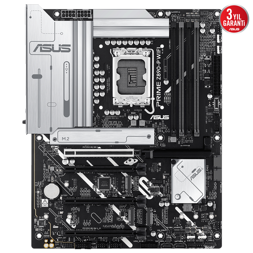 Çeşitli bileşenleri görülebilen siyah ve gümüş bir ASUS anakart.