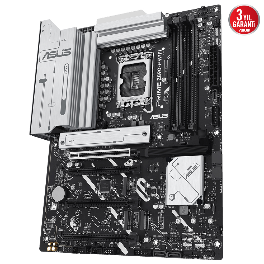 Çeşitli bileşenlere sahip bir bilgisayar anakartı. Bir ASUS logosu ve '3 Yıl Garanti' metni var.