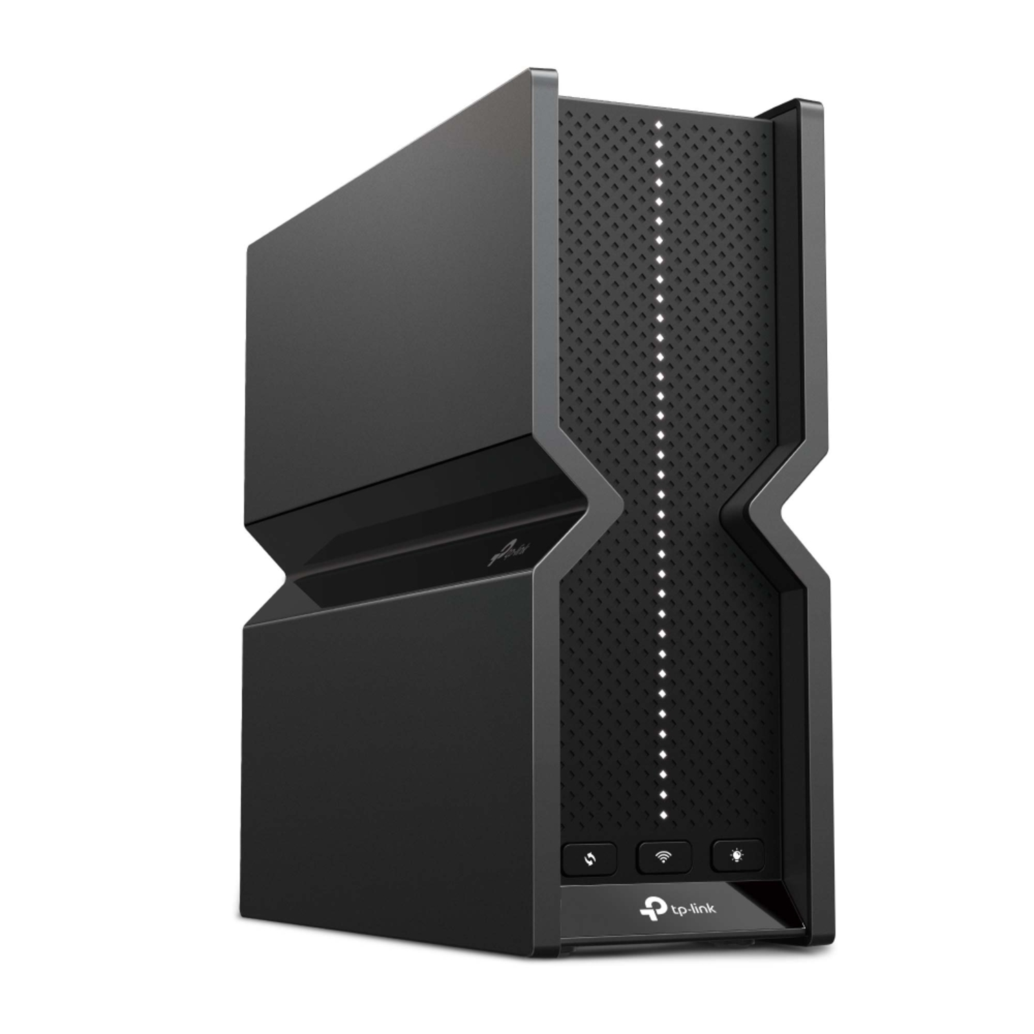 A black TP-Link router on a white background. It has a textured front panel with a vertical line of lights and the TP-Link logo.