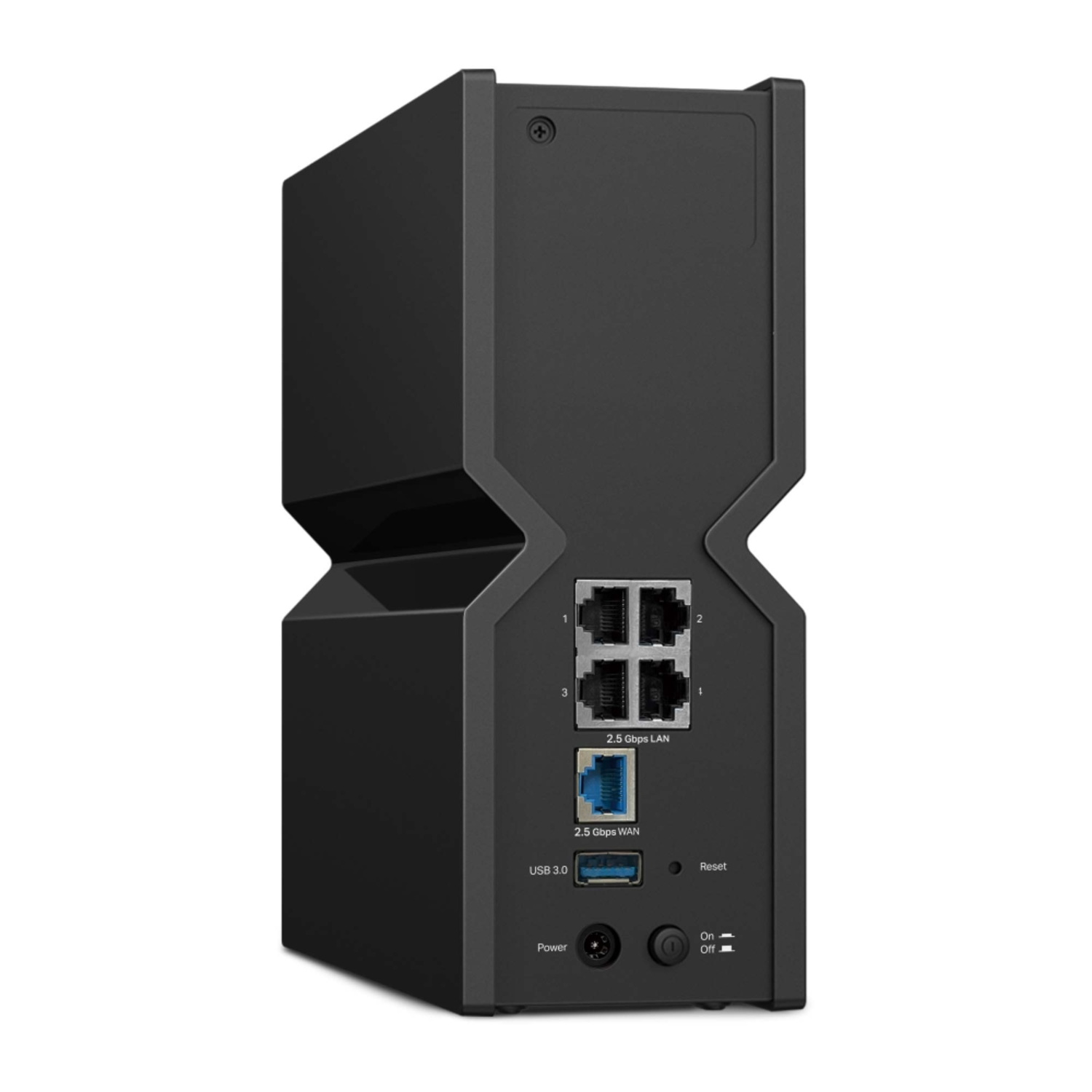 Black network device with ports, power button, and USB 3.0. Labeled ports include LAN, WAN, and reset.