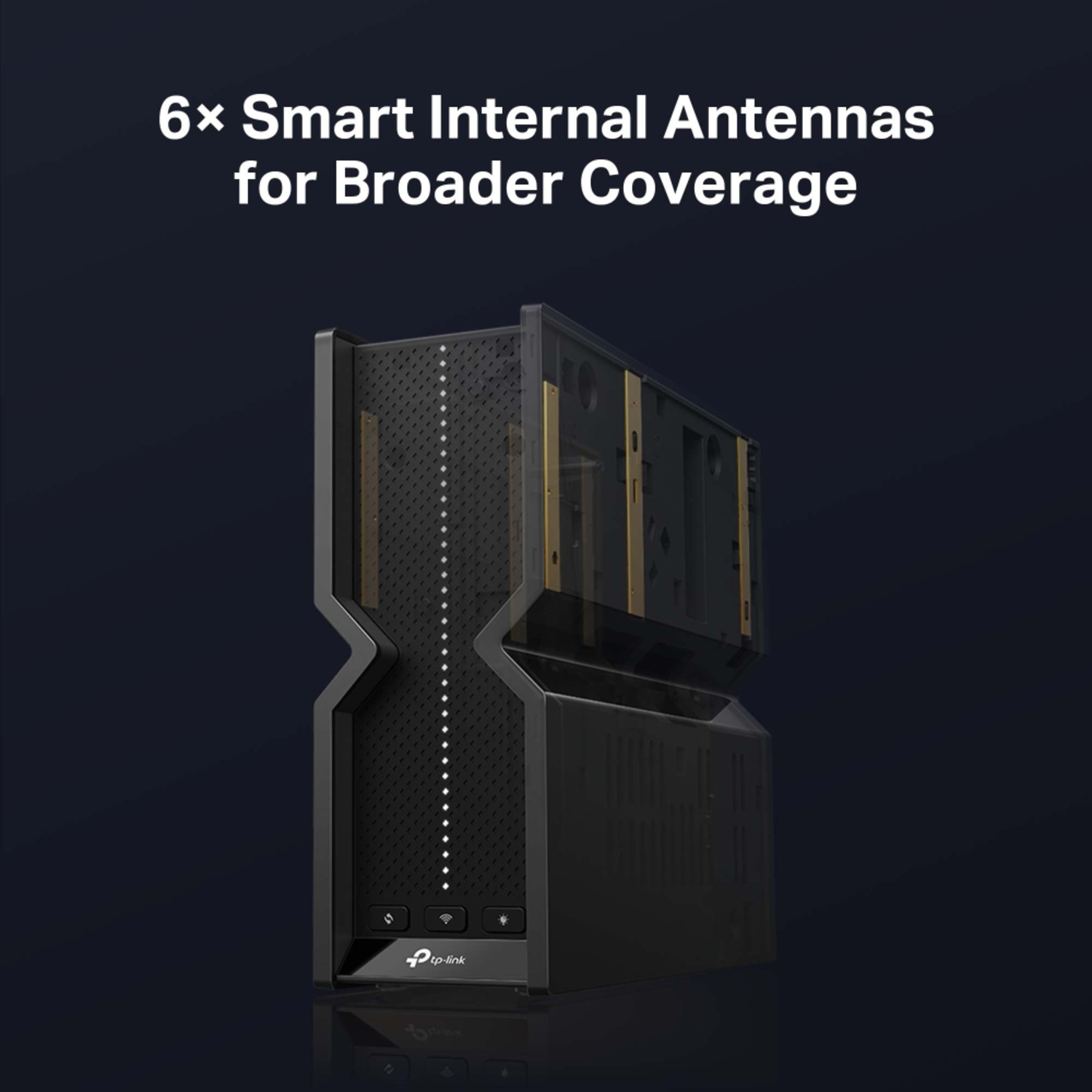 A black and gray router with internal antennas is displayed. The text reads '6x Smart Internal Antennas for Broader Coverage'.