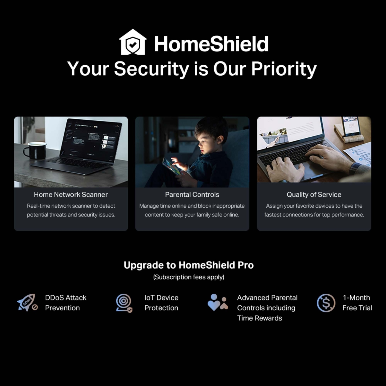 HomeShield ad: laptop, child with tablet, hands on laptop. Features include network scanner, parental controls, and quality of service.