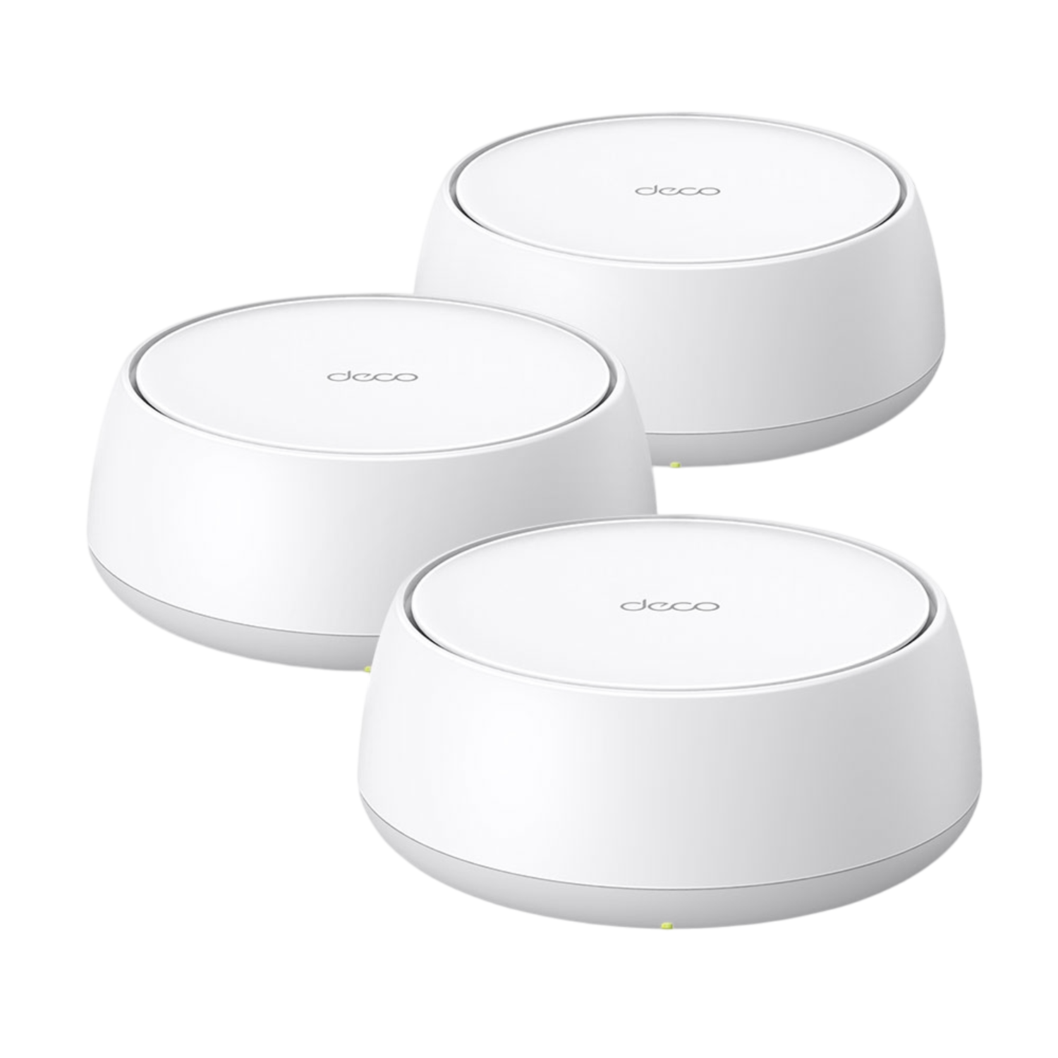 Trois appareils Wi-Fi Deco Mesh blancs, chacun avec un logo, disposés sur fond noir.