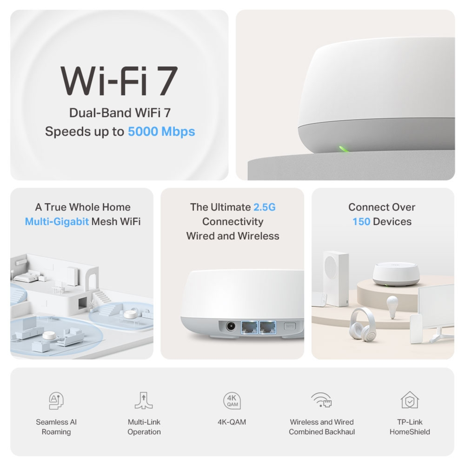 Une image promotionnelle d'un routeur Wi-Fi 7 blanc avec des icônes et du texte.