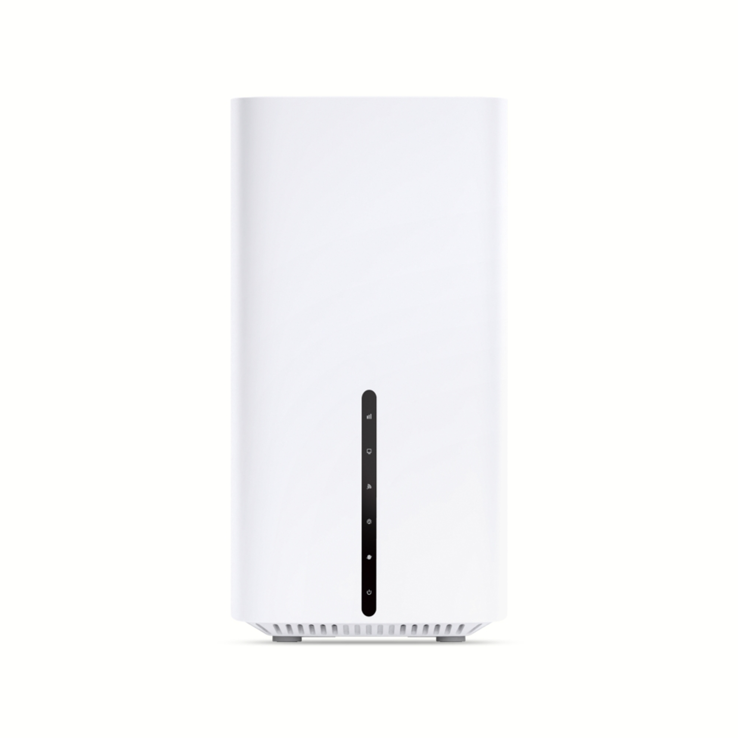 A white router stands vertically. It has indicator lights on a black strip. The base has a vent. The background is plain white.