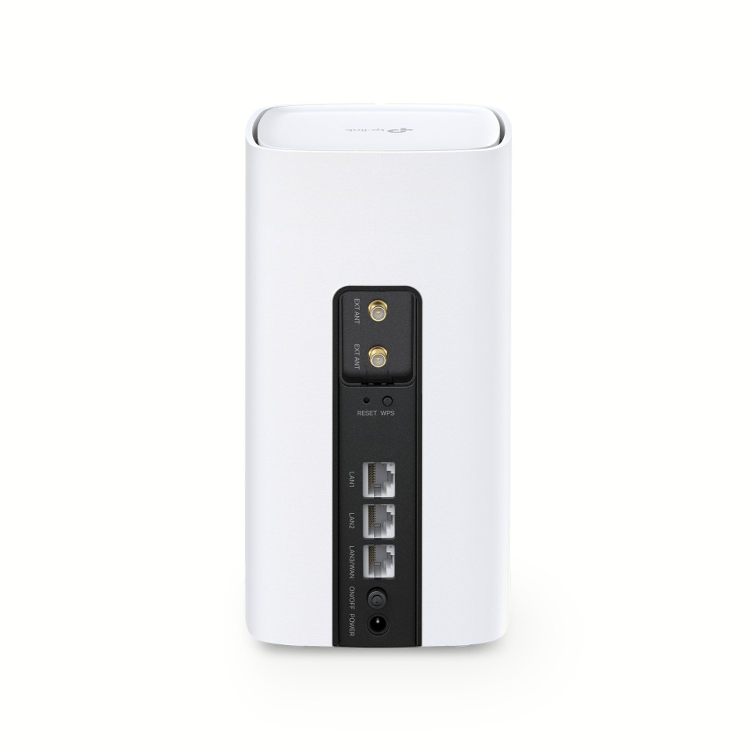 A white TP-Link router with black ports. It has antenna ports, ethernet ports, and a power button. The back panel includes labels.