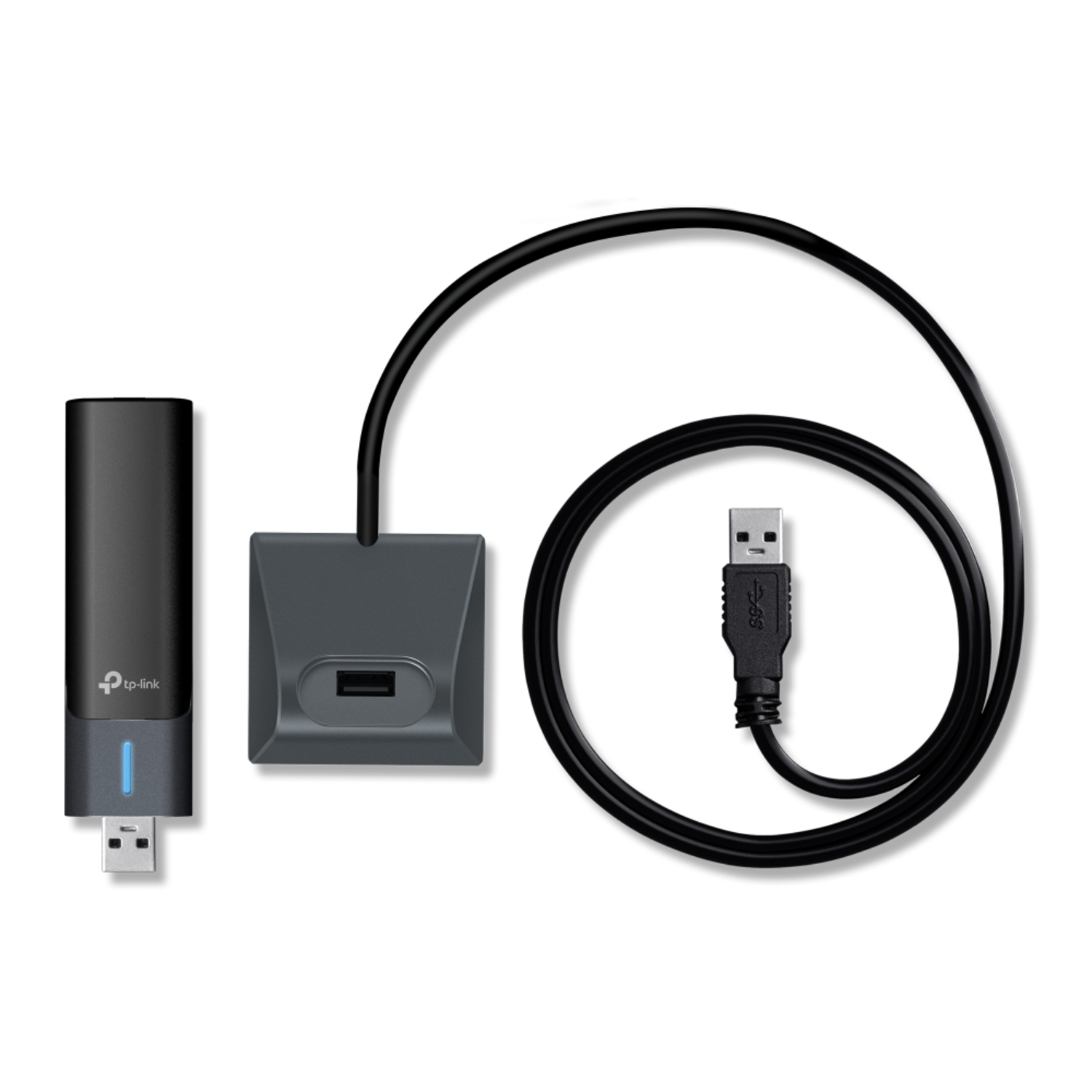 A black and gray TP-Link USB adapter with a USB cable and a USB extension. All on a white background.