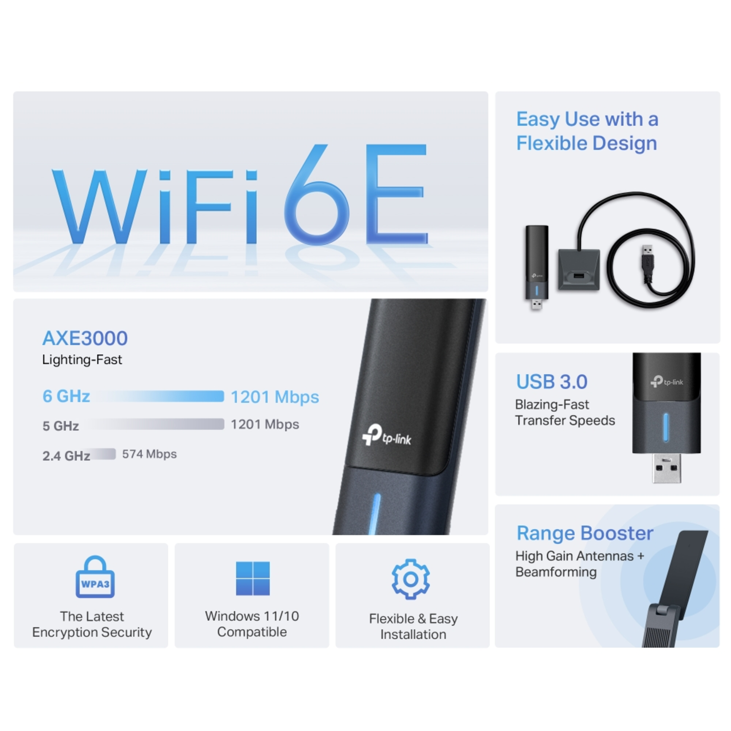 WiFi 6E product with features like USB 3.0, range booster and flexible design. Shows a Wi-Fi adapter and its capabilities.