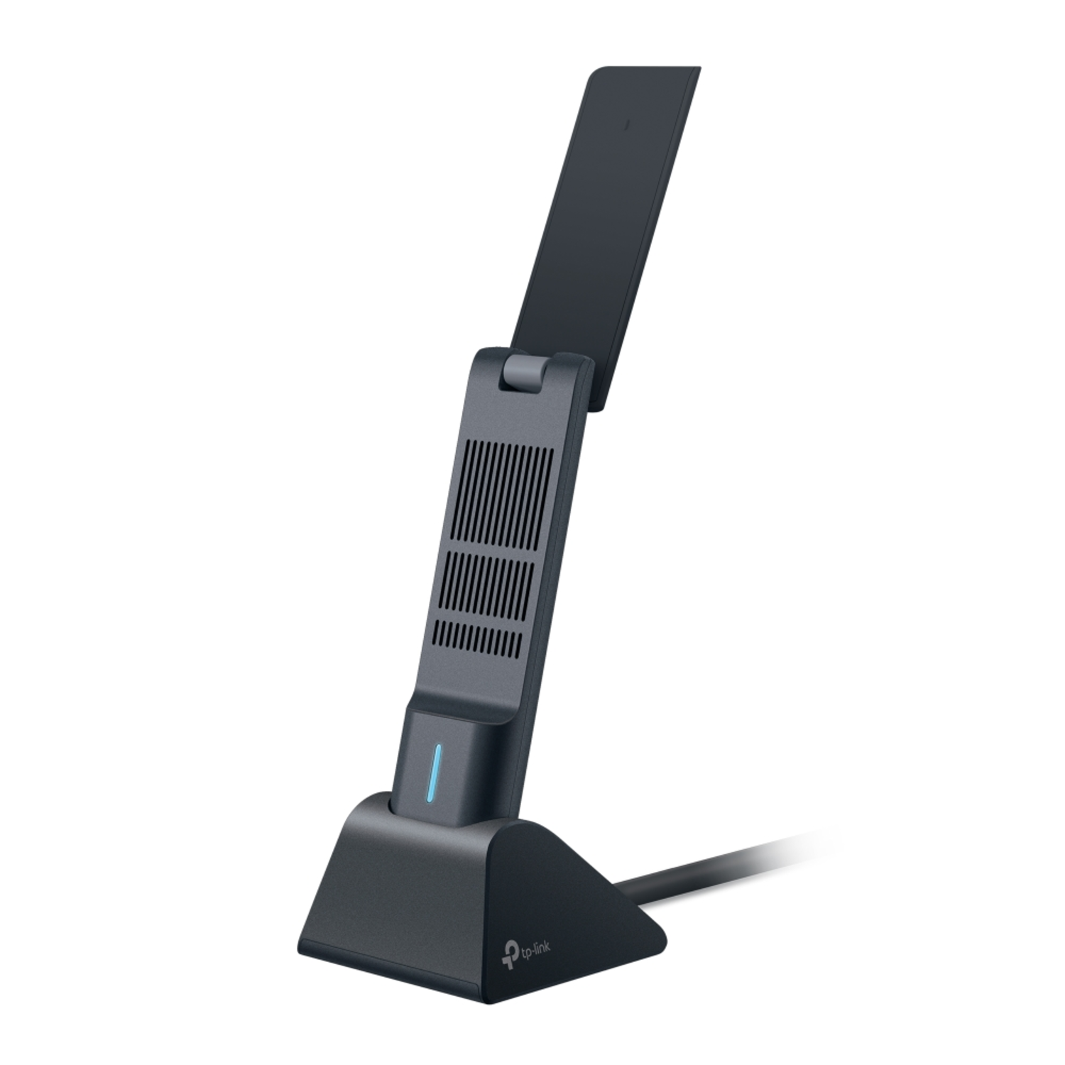 A black TP-Link Wi-Fi antenna on a white background. It has an adjustable antenna and a blue power light.