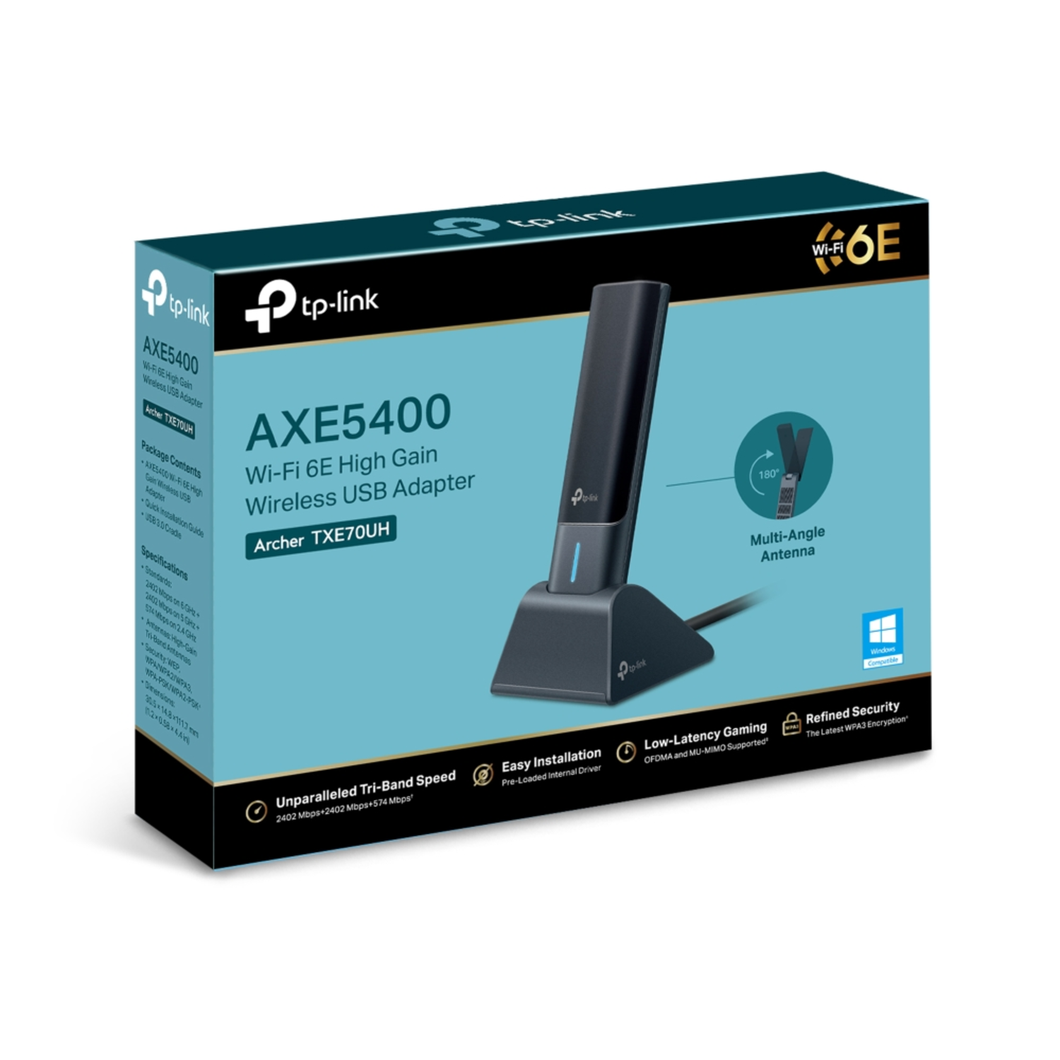 A TP-Link AXE5400 Wi-Fi 6E USB adapter box. It shows the device, antenna, and features like tri-band speed and low latency.