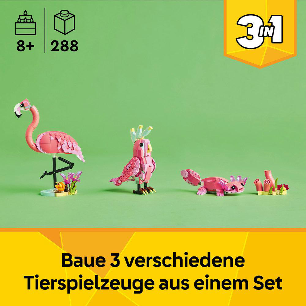 LEGO-Set mit drei Tiermodellen: Flamingo, Vogel und Eidechse.