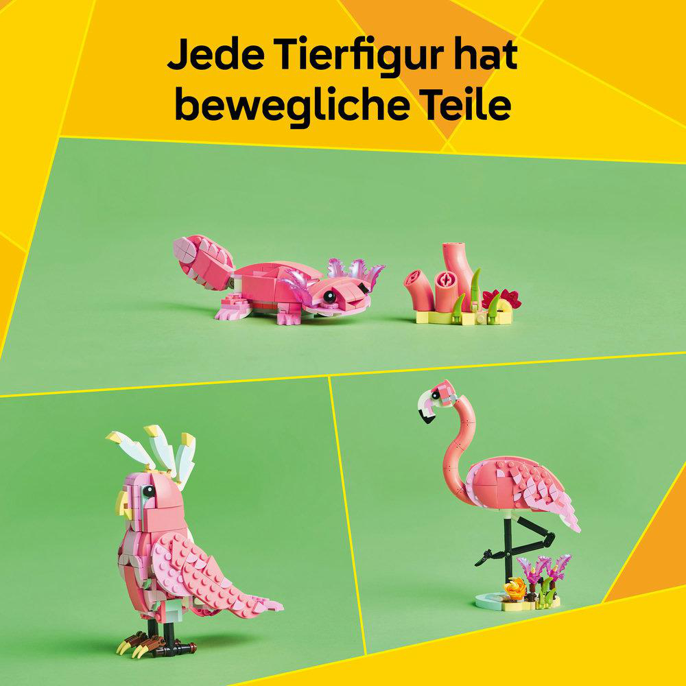 Rosa Lego-Tierfiguren, eine rosa Eidechse, eine Pflanze mit Blättern und ein rosa Flamingo in grüner Umgebung.