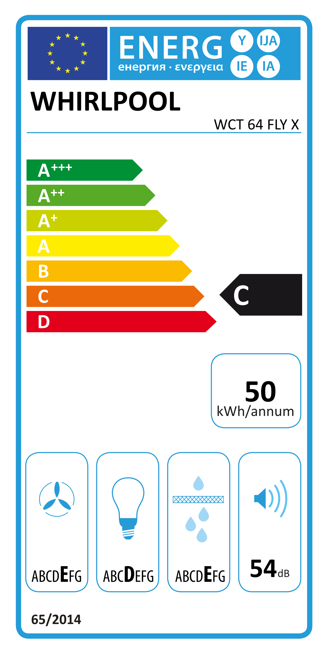 Energia címke egy Whirlpool készülékhez, amely az energiahatékonyságot mutatja.