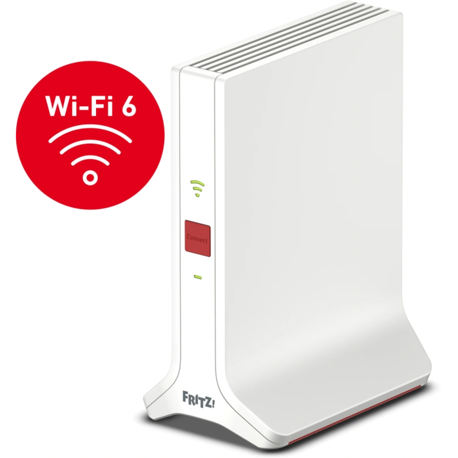 White router with Wi-Fi 6 sticker, red connect button, and green lights.