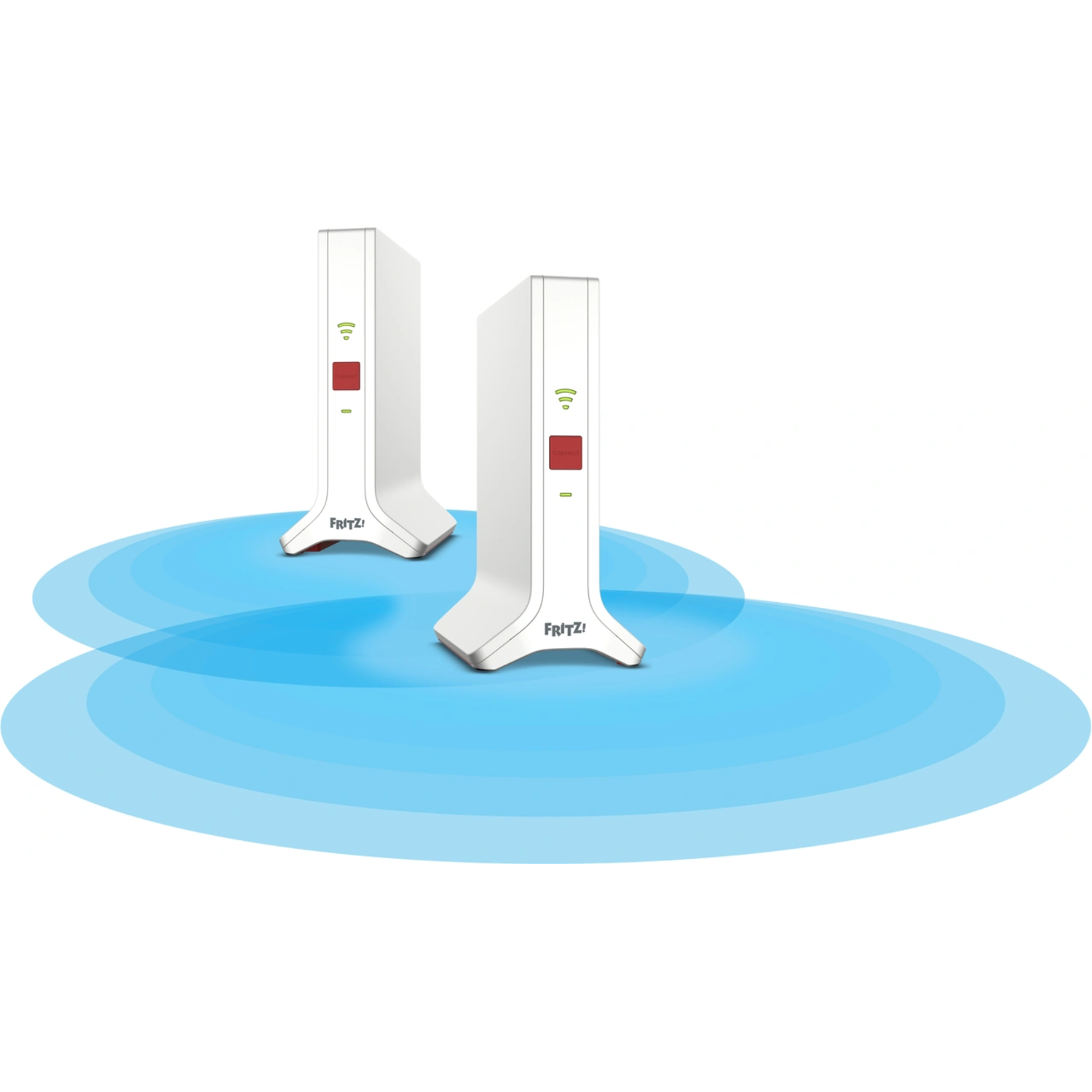 Two white FRITZ!Box routers with blue wifi coverage areas. White background.