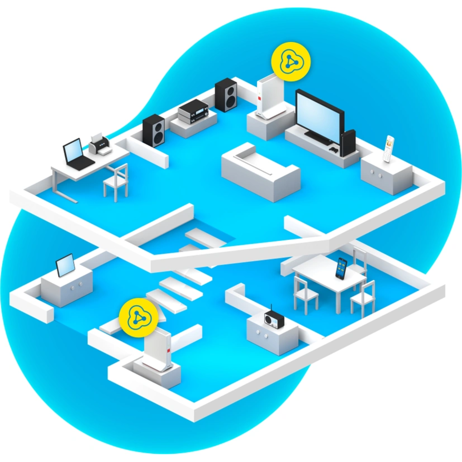 Isometric view of a two-story house plan, with connected devices. Blue background.