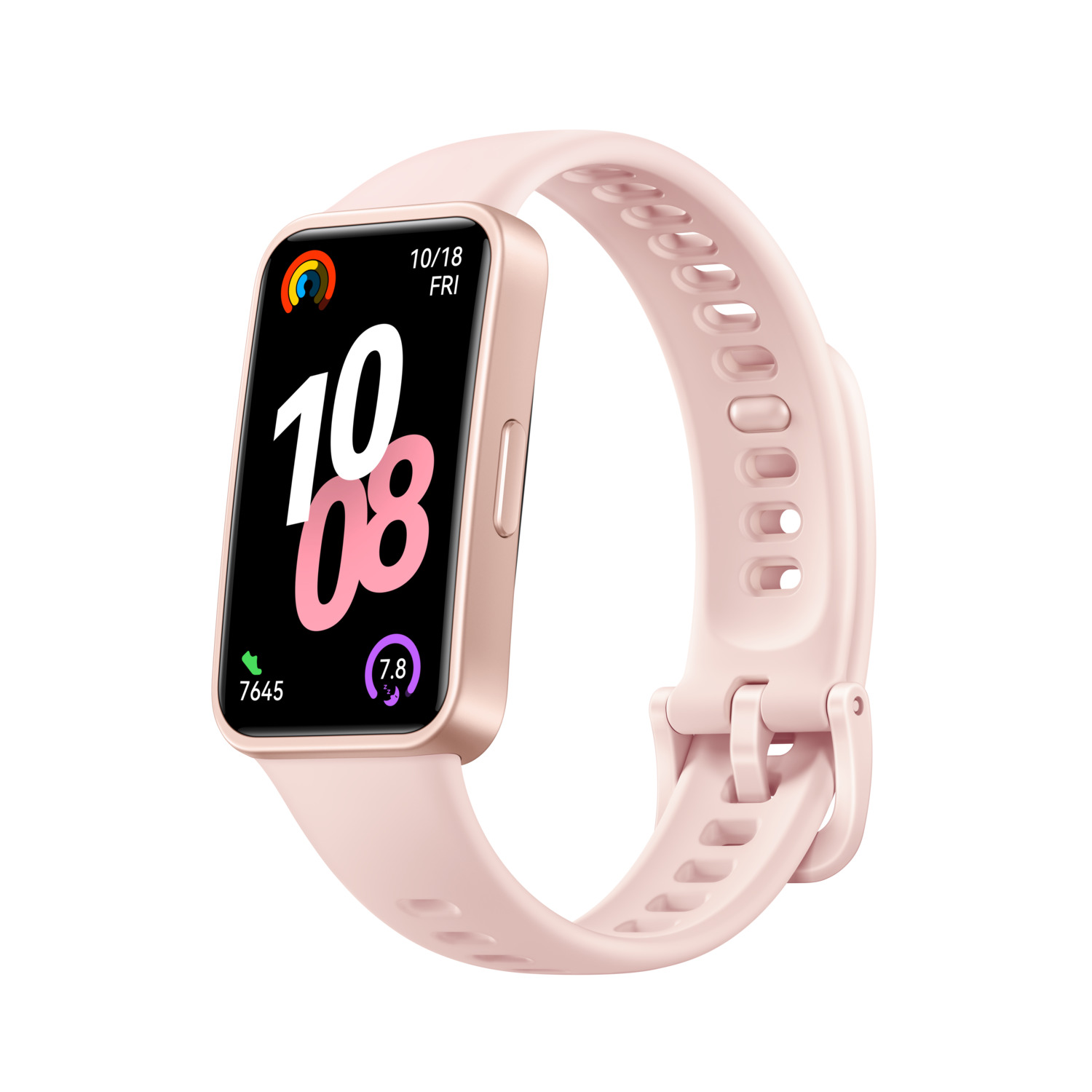 Pink smartwatch with a pink band. The watch displays time, date, and health metrics.