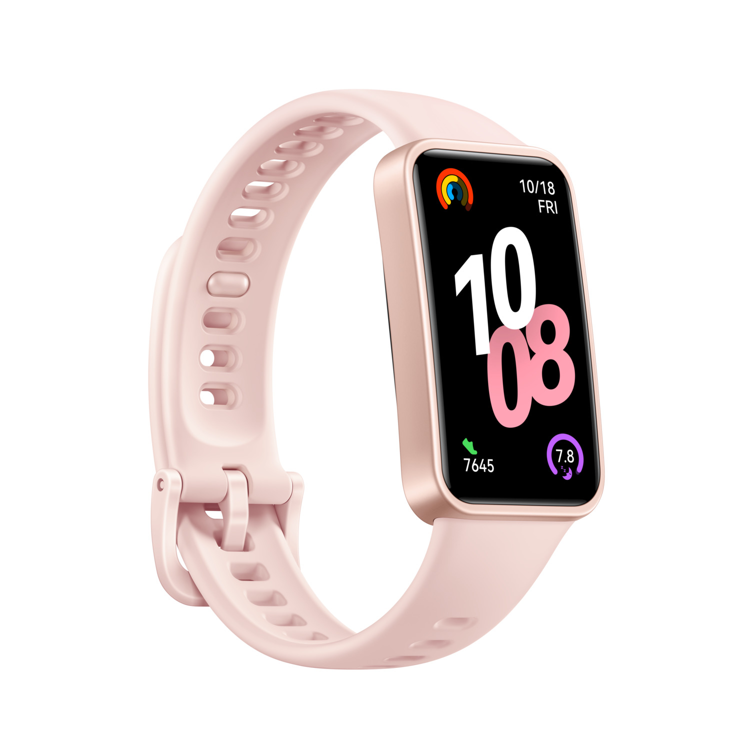 A pink fitness tracker watch showing time and stats.