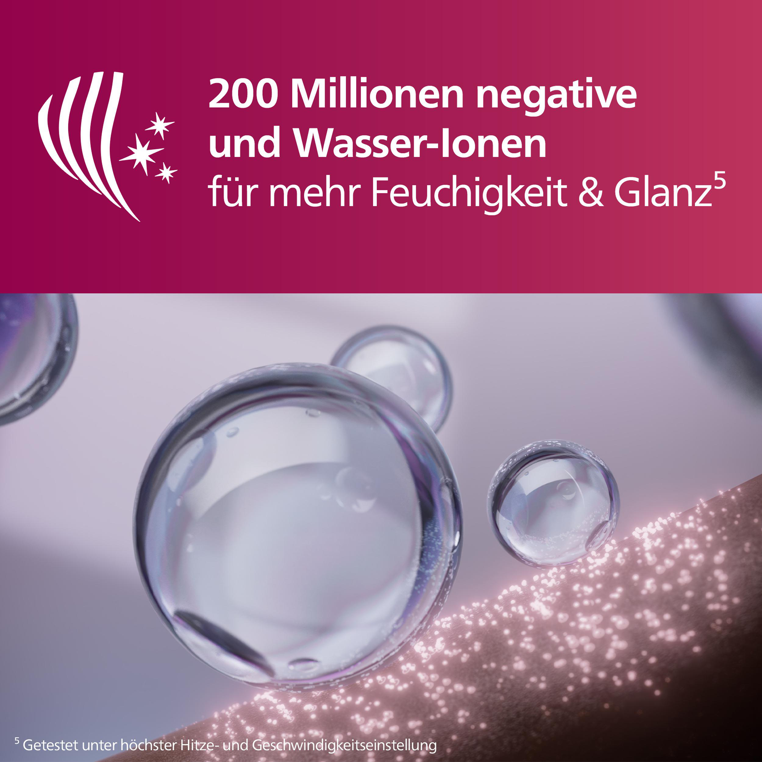 Wasserblasen und hellrosa Partikel auf hellrosa Oberfläche. Text: 200 Millionen negative Ionen.
