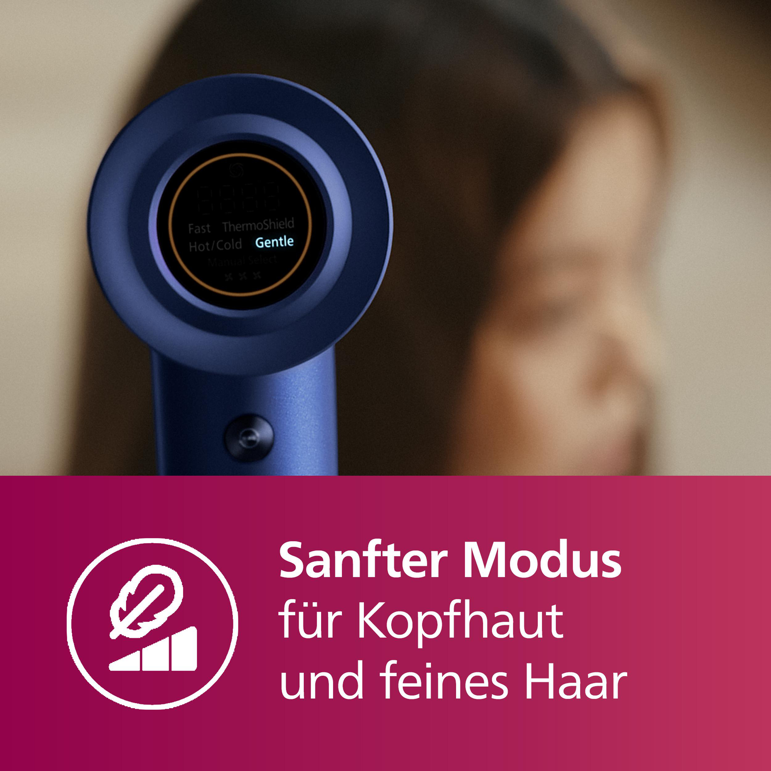 Blauer Haartrockner mit rundem Bildschirm, der Einstellungen anzeigt, und Text darunter.