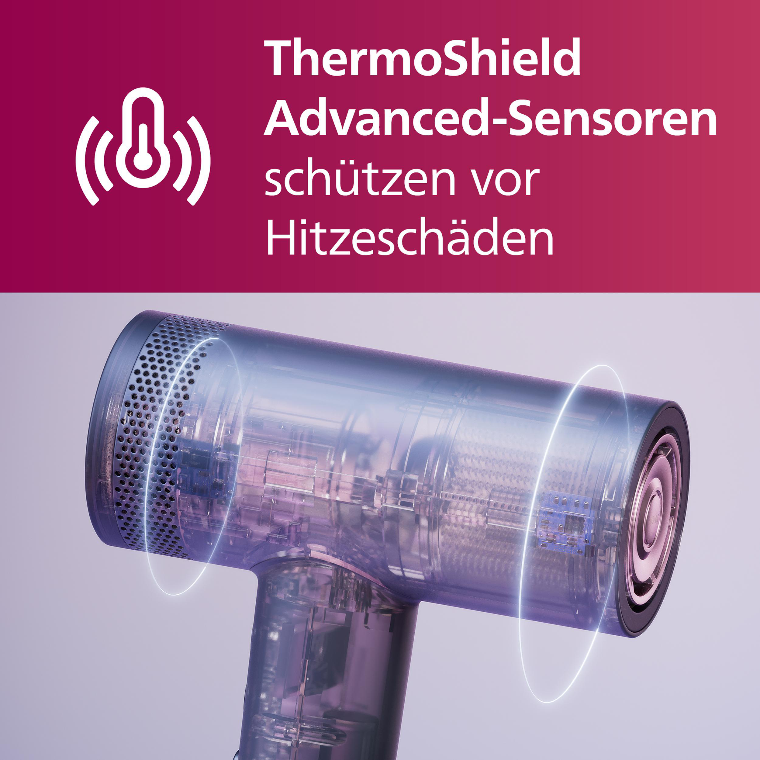 Haartrockner mit ThermoShield-Technologie. Text: Sensoren schützen vor Hitzeschäden.