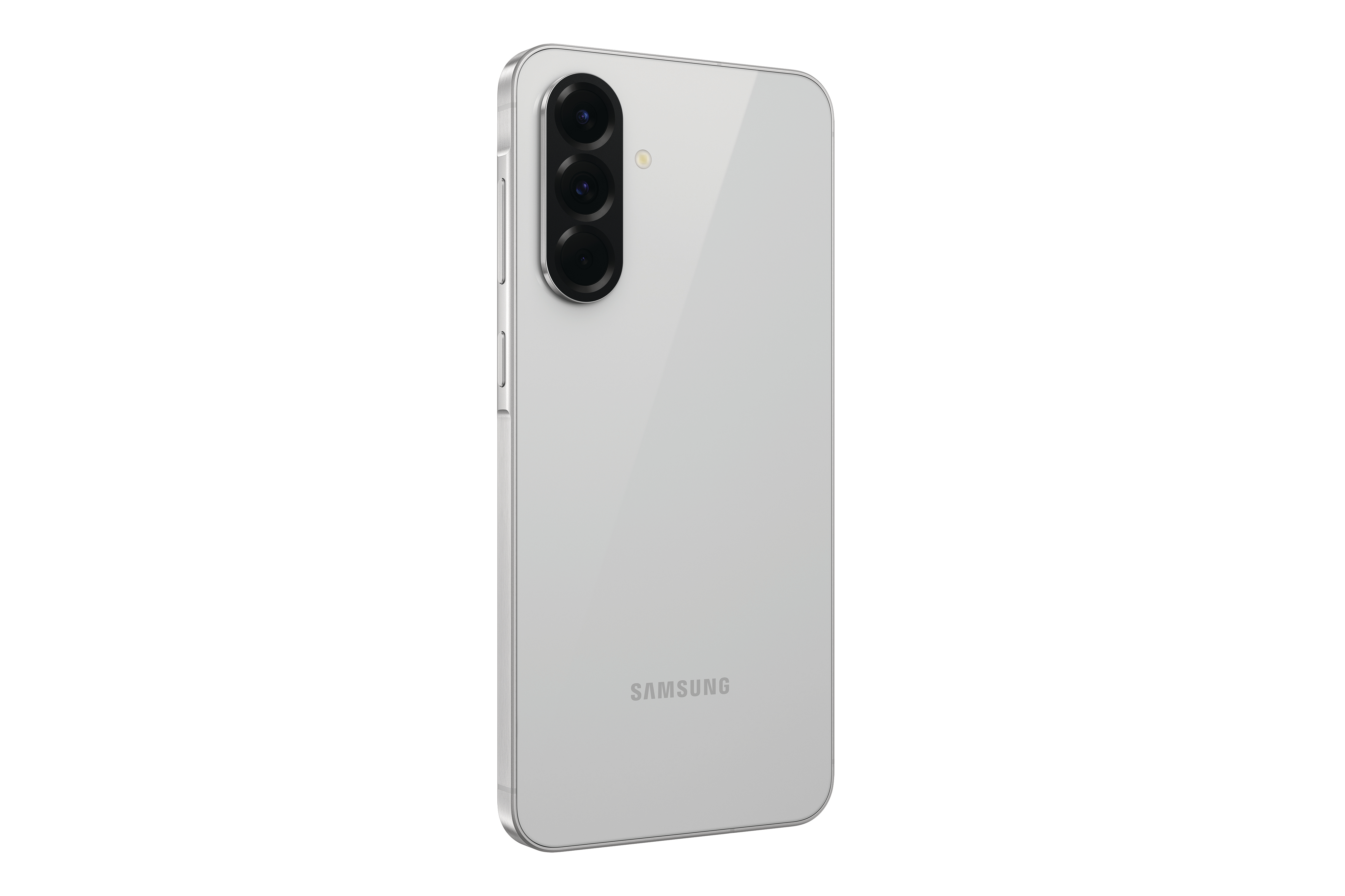 Weiße Samsung Smartphone-Rückansicht, Dreifachkamera, Samsung-Logo.