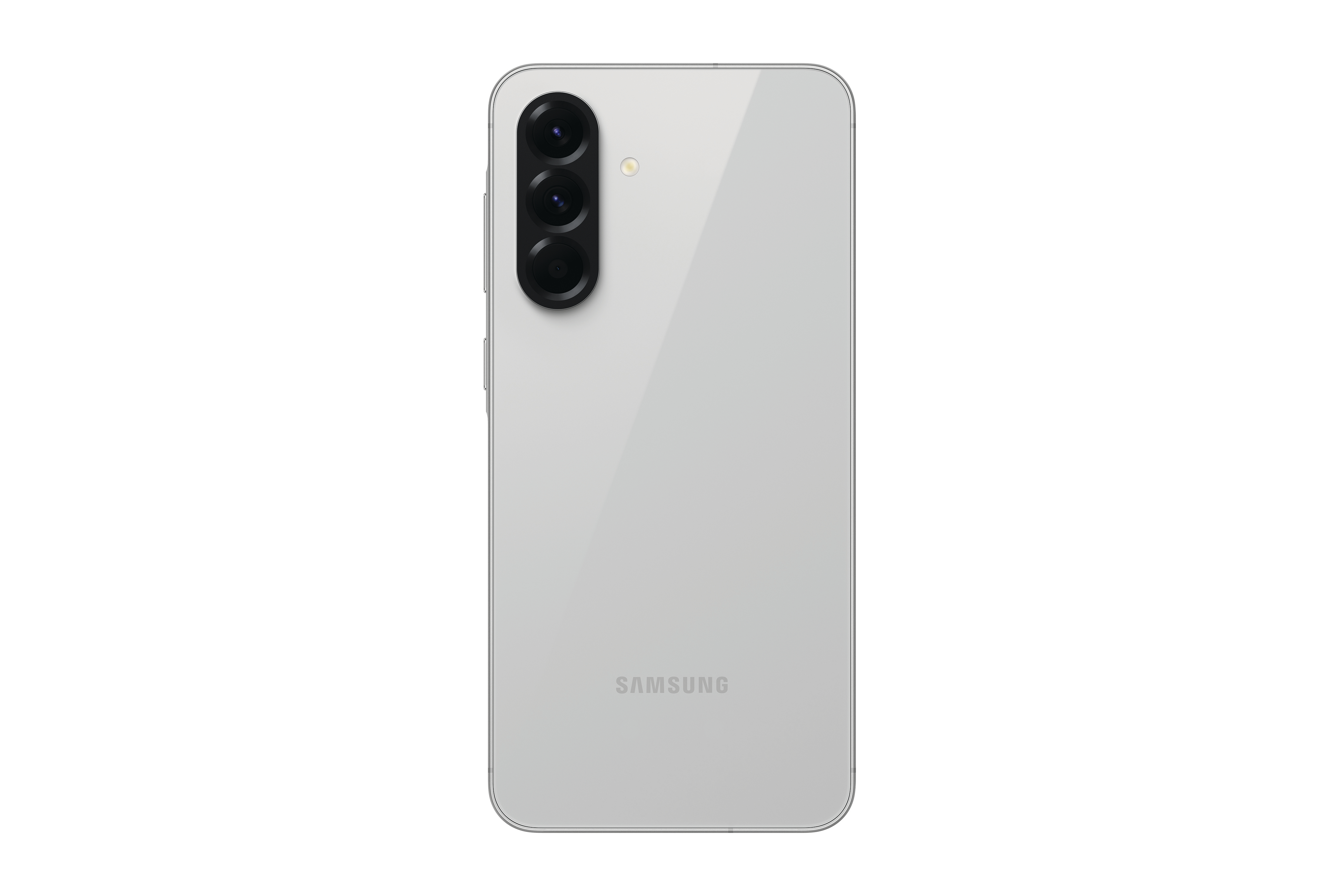 Rückansicht eines weißen Samsung-Telefons mit drei Kameras. Grauer Hintergrund.