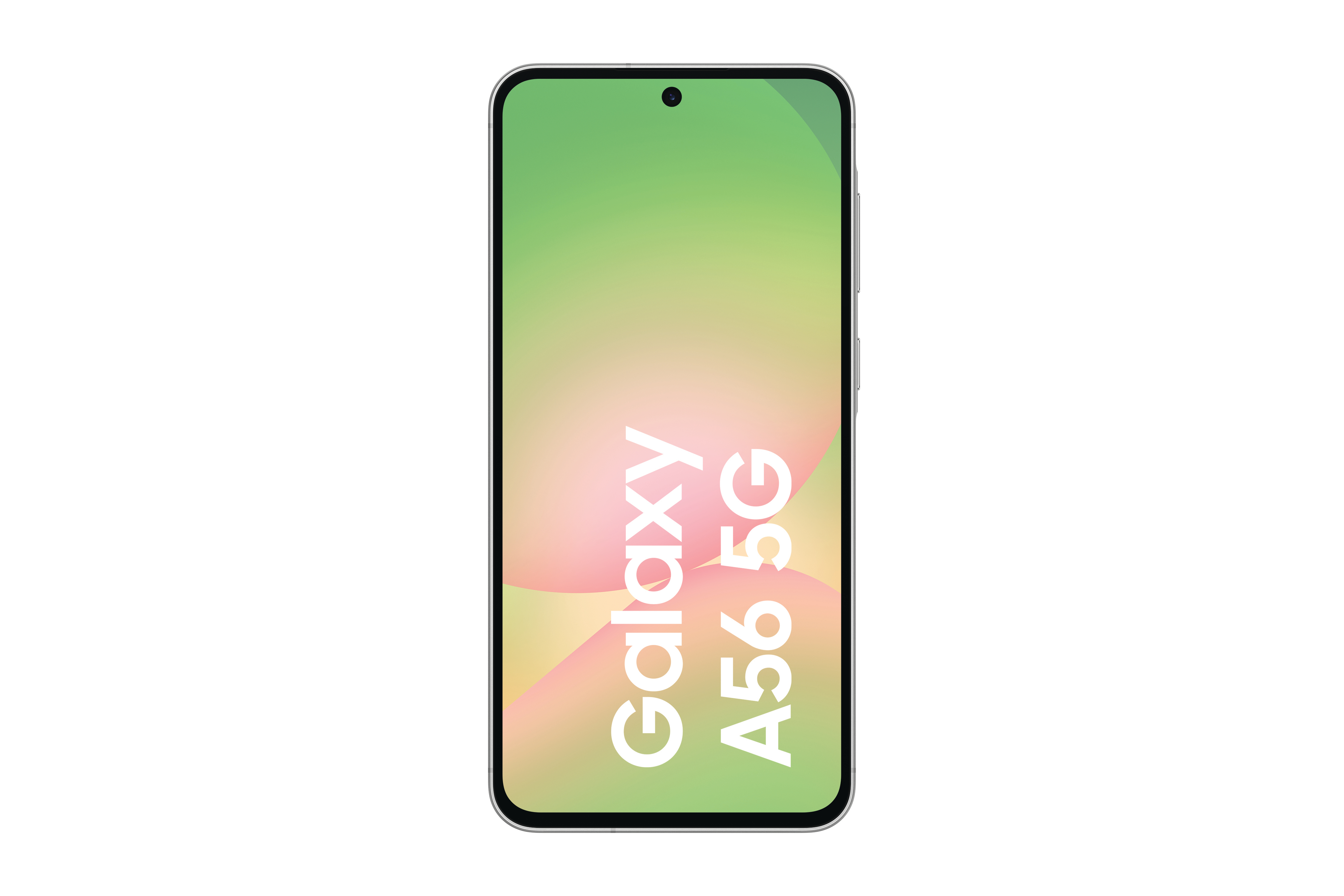 Ein Telefon mit einem Bildschirm mit grünem und rosa Farbverlauf und den Worten 'Galaxy A56 5G'.