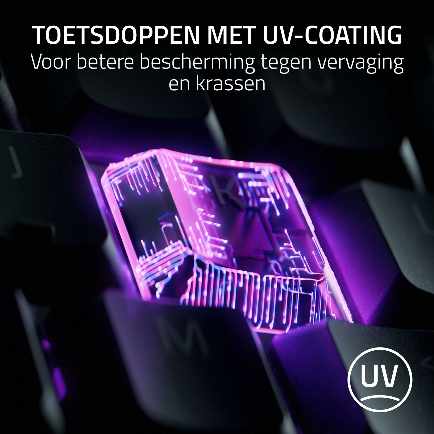 Close-up of a keyboard key with UV coating, glowing with purple light. Text emphasizes protection from fading.