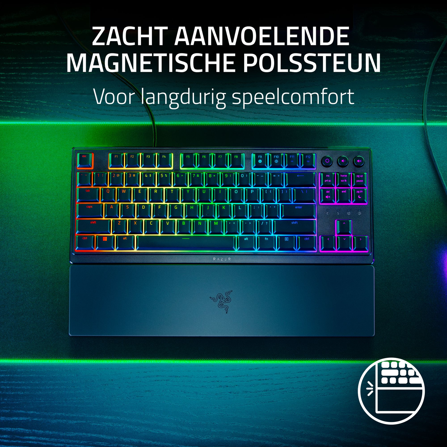 A keyboard with a wrist rest, with a neon lit effect.