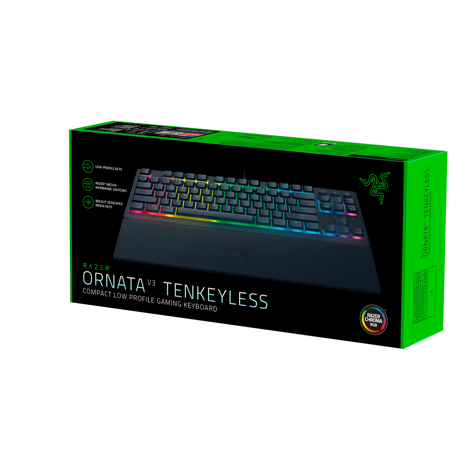 Razer Ornata V3 Tenkeyless keyboard box, green with keyboard image and text.