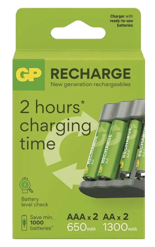 Zielone pudełko zawierające ładowarkę do akumulatorów GP Recharge z akumulatorami AAA.