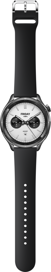 Czarny zegarek z czarnym paskiem. Biała tarcza z dwoma mniejszymi tarczami.