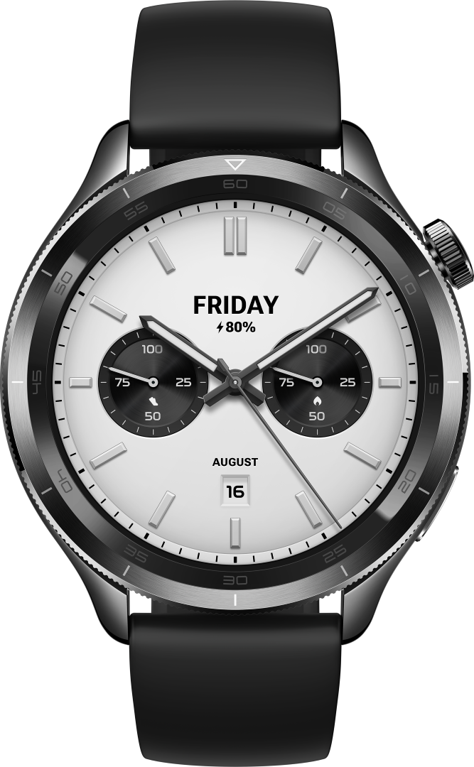 Srebrny i czarny smartwatch z białą tarczą wyświetlającą dzień, datę i godzinę.