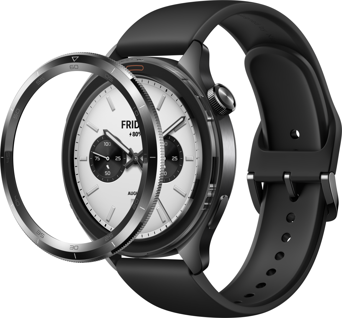 Smartwatch z czarną obudową, okrągłym wyświetlaczem i czarnym paskiem.