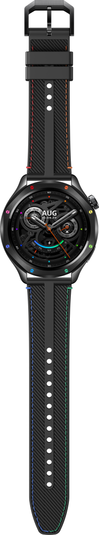 Czarny smartwatch z kolorowym wyświetlaczem i paskiem.