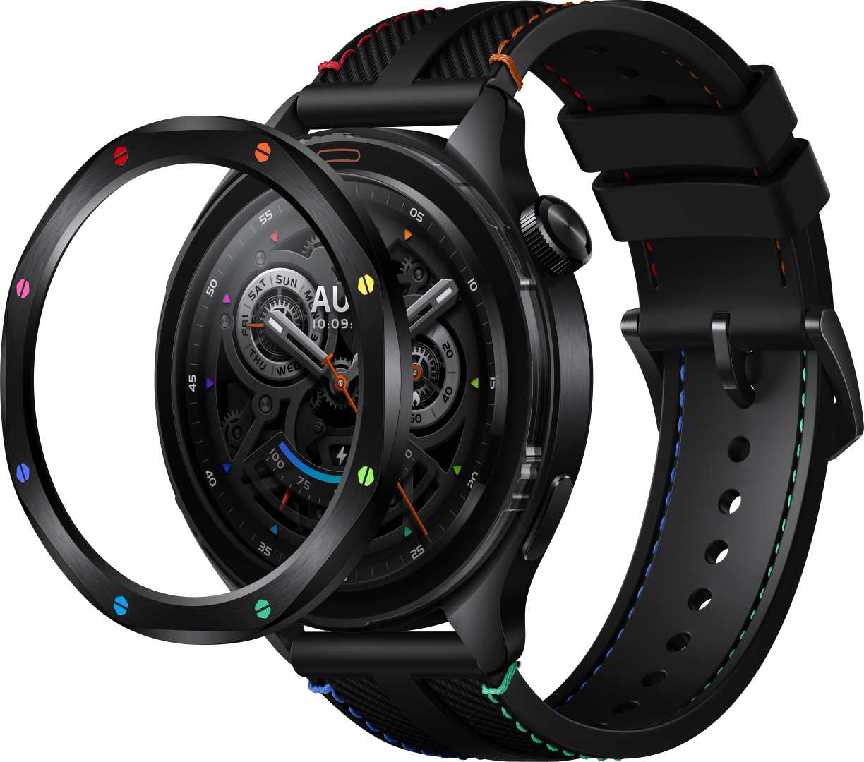 Czarny smartwatch z obracaną ramką i kolorowym paskiem, czarne tło.