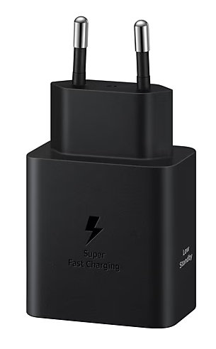 Czarna ładowarka Samsung z dwoma bolcami, logo Super Fast Charging.