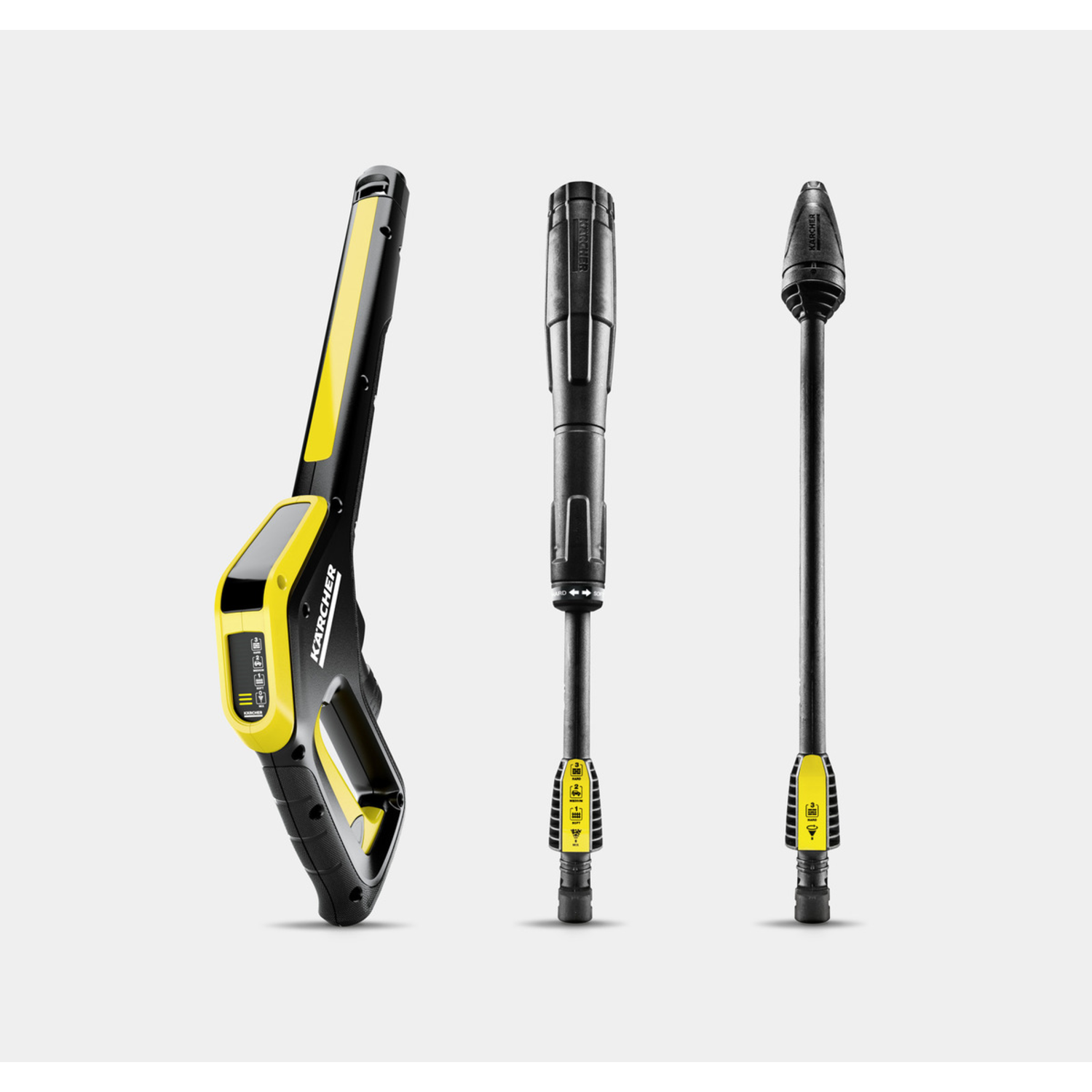 Trois pièces d'équipement de nettoyeur haute pression Karcher sont présentées : une poignée, une lance et une buse.