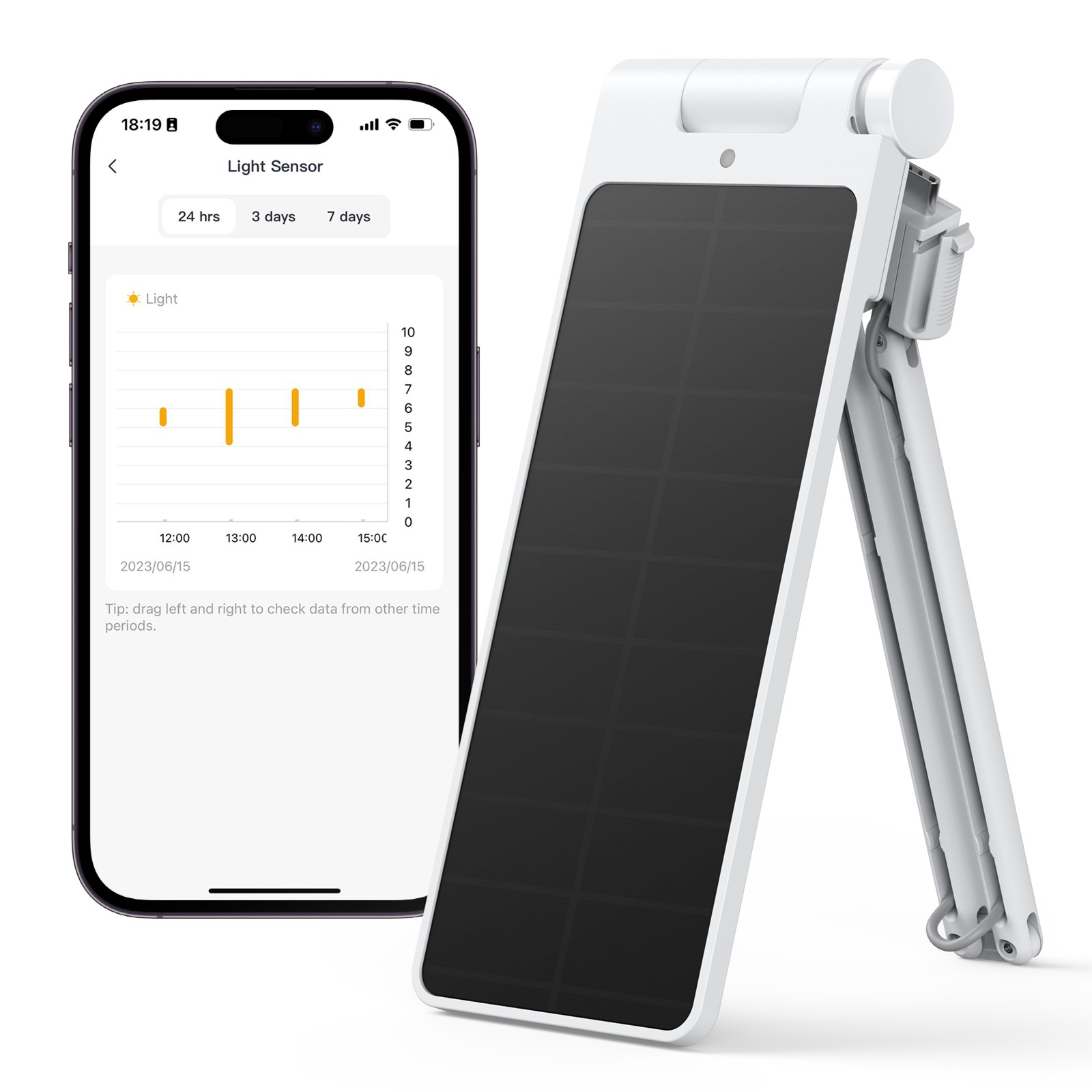 Ein weißes Gerät mit schwarzem Bildschirm und ein Smartphone, das Lichtsensordaten anzeigt.