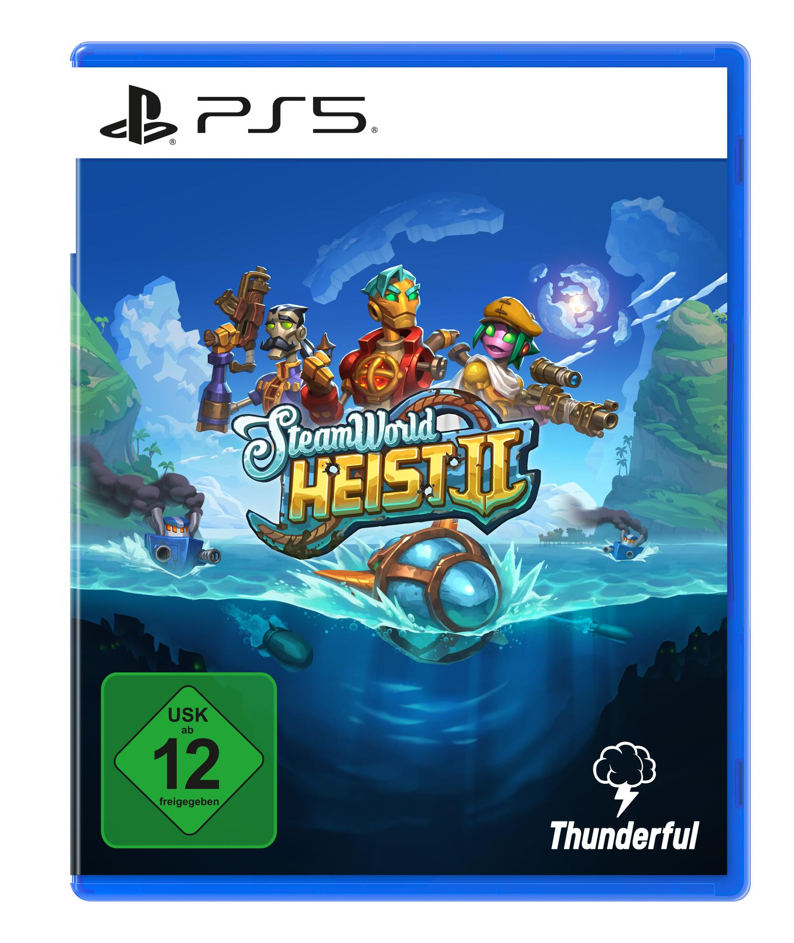 PS5-Spielcover. SteamWorld Heist II. Zeichentrickfiguren sind im Wasser und ein U-Boot ist sichtbar.
