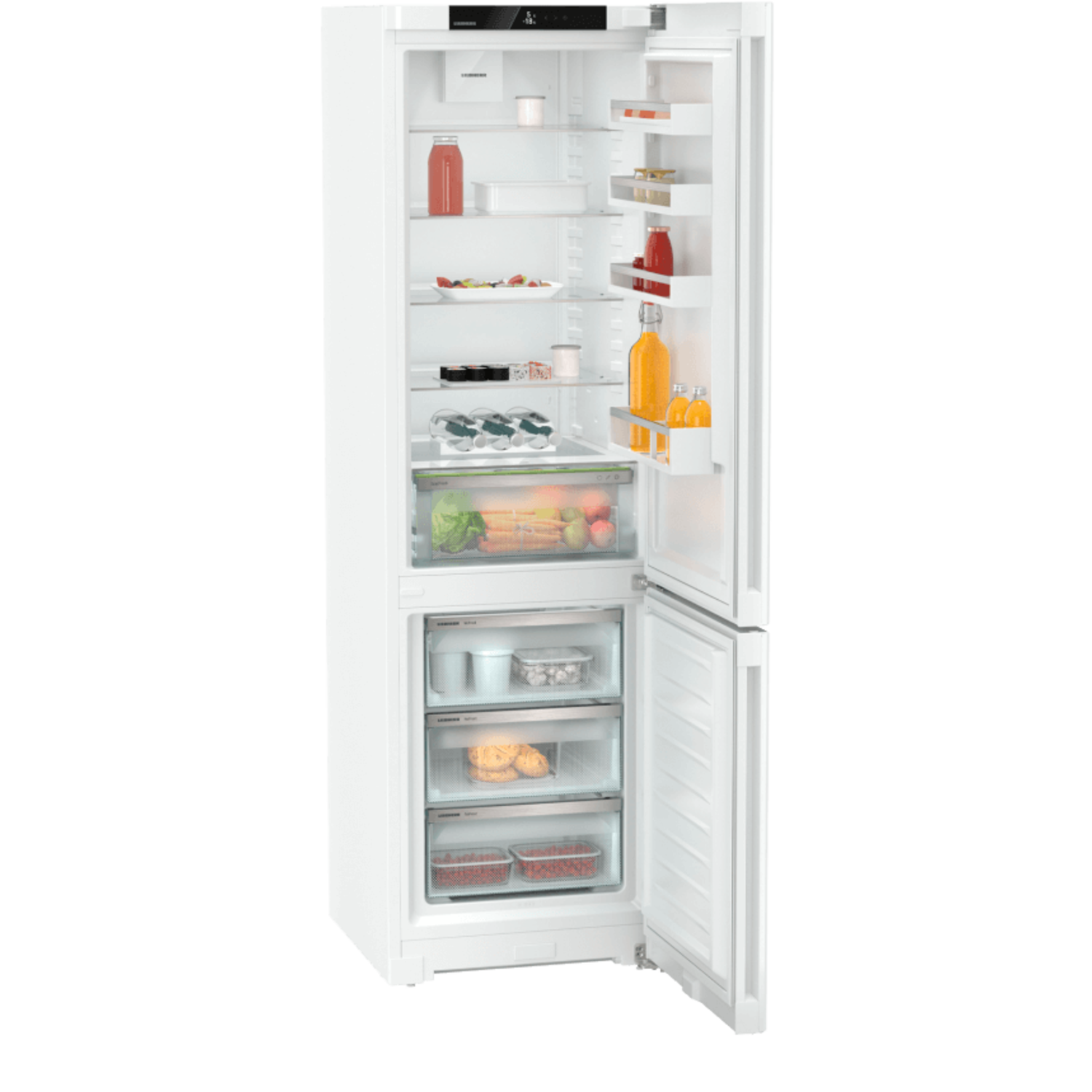 White refrigerator with open door, showing shelves with food, on a black background.