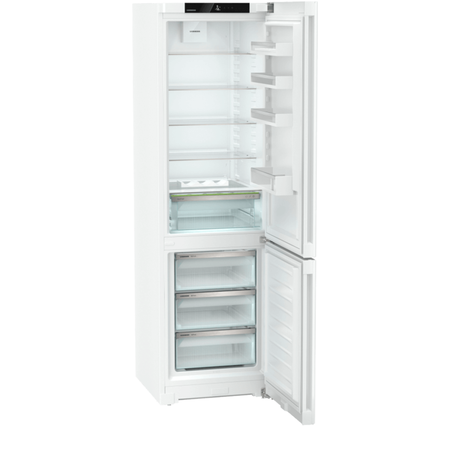 White refrigerator with open door. Shelves and drawers are visible. The interior is well lit.
