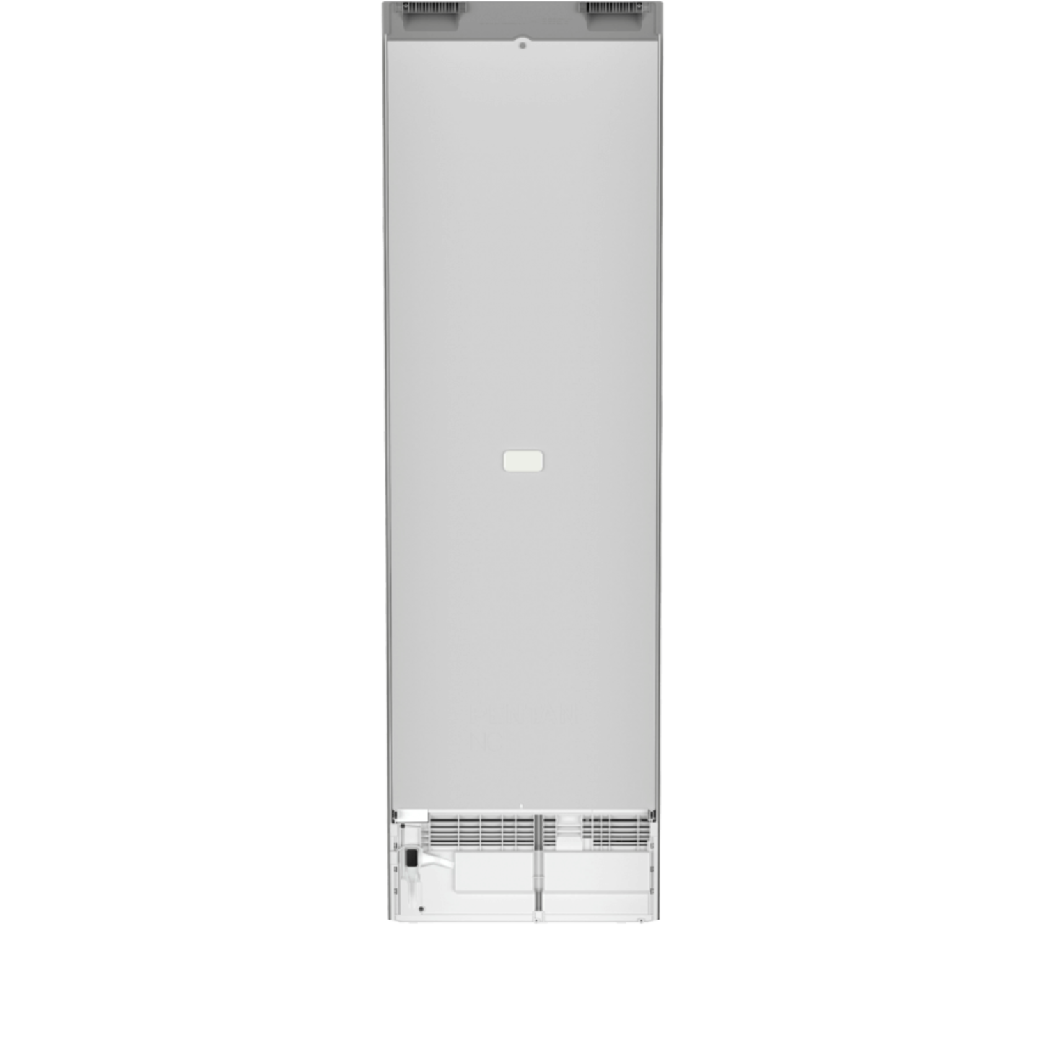 A tall, silver refrigerator from the back, showing the exterior design, black background.