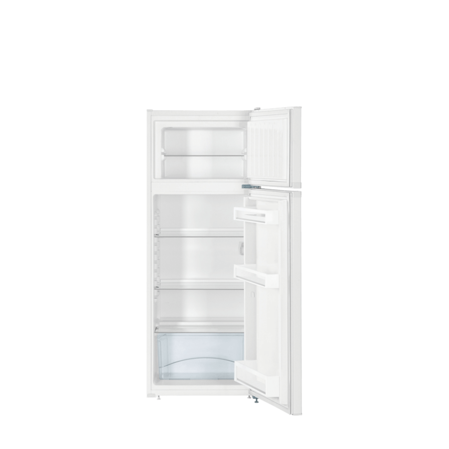 White refrigerator with the doors open, showing shelves.