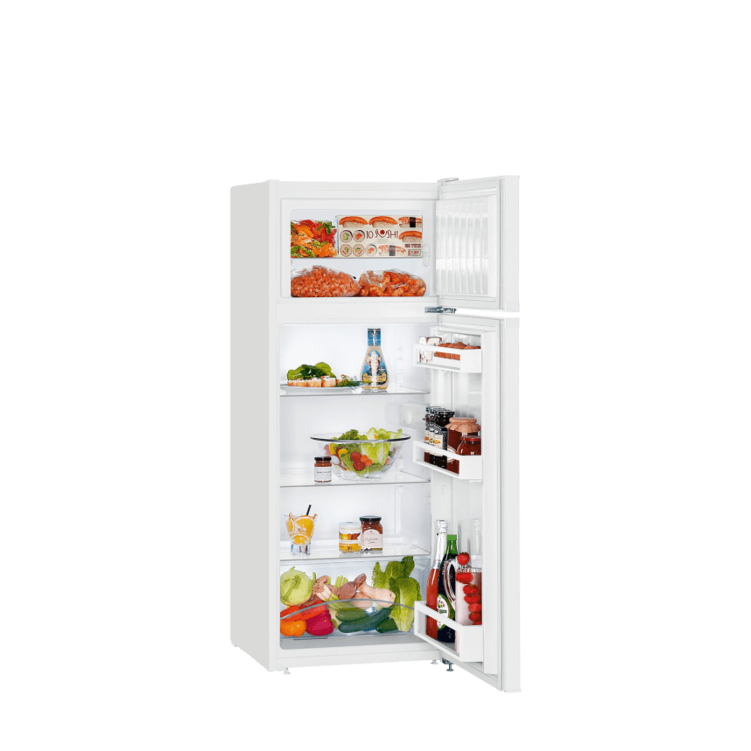 Open white refrigerator with food items inside, including produce and drinks.