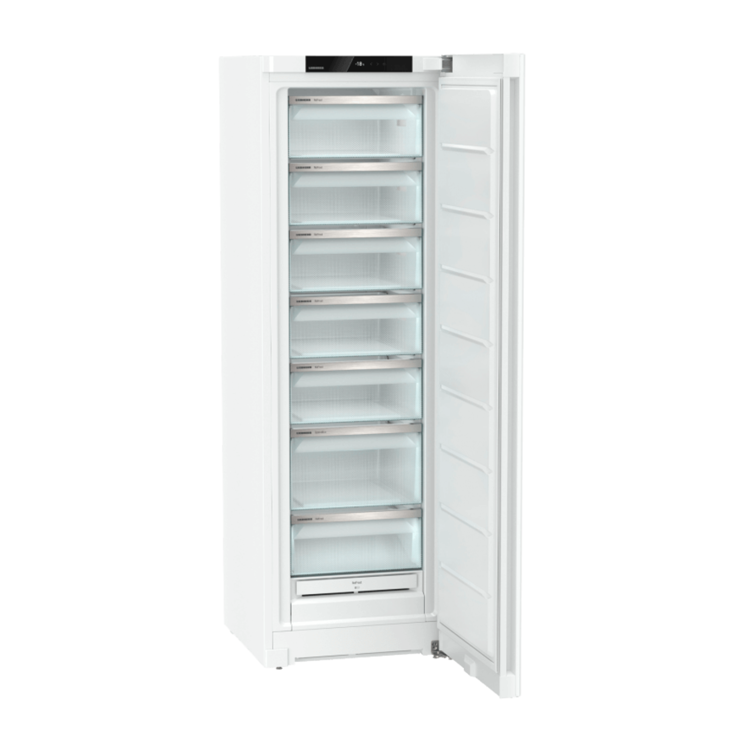 White refrigerator with open door. Shows glass shelves inside, black background.
