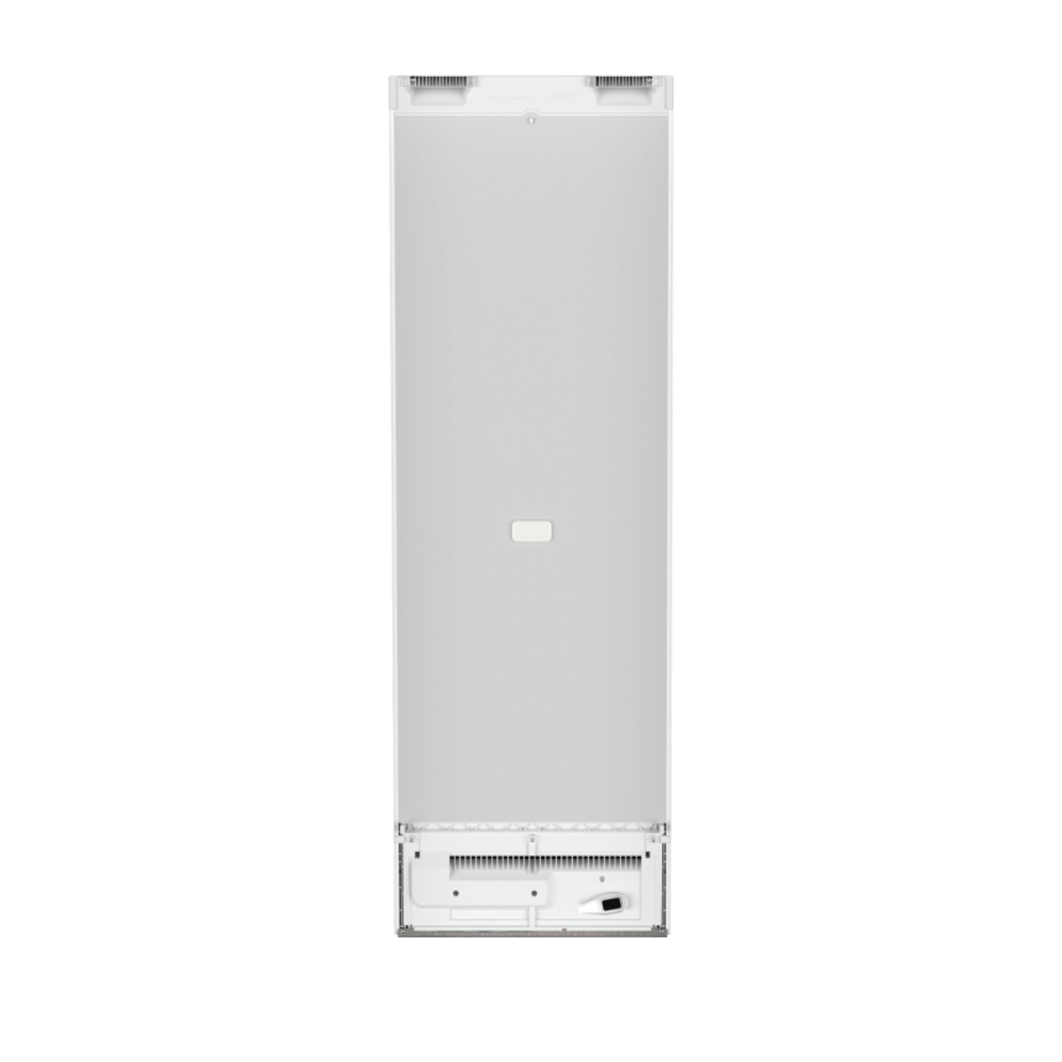 A tall, white refrigerator with a minimalist design, set against a black background.
