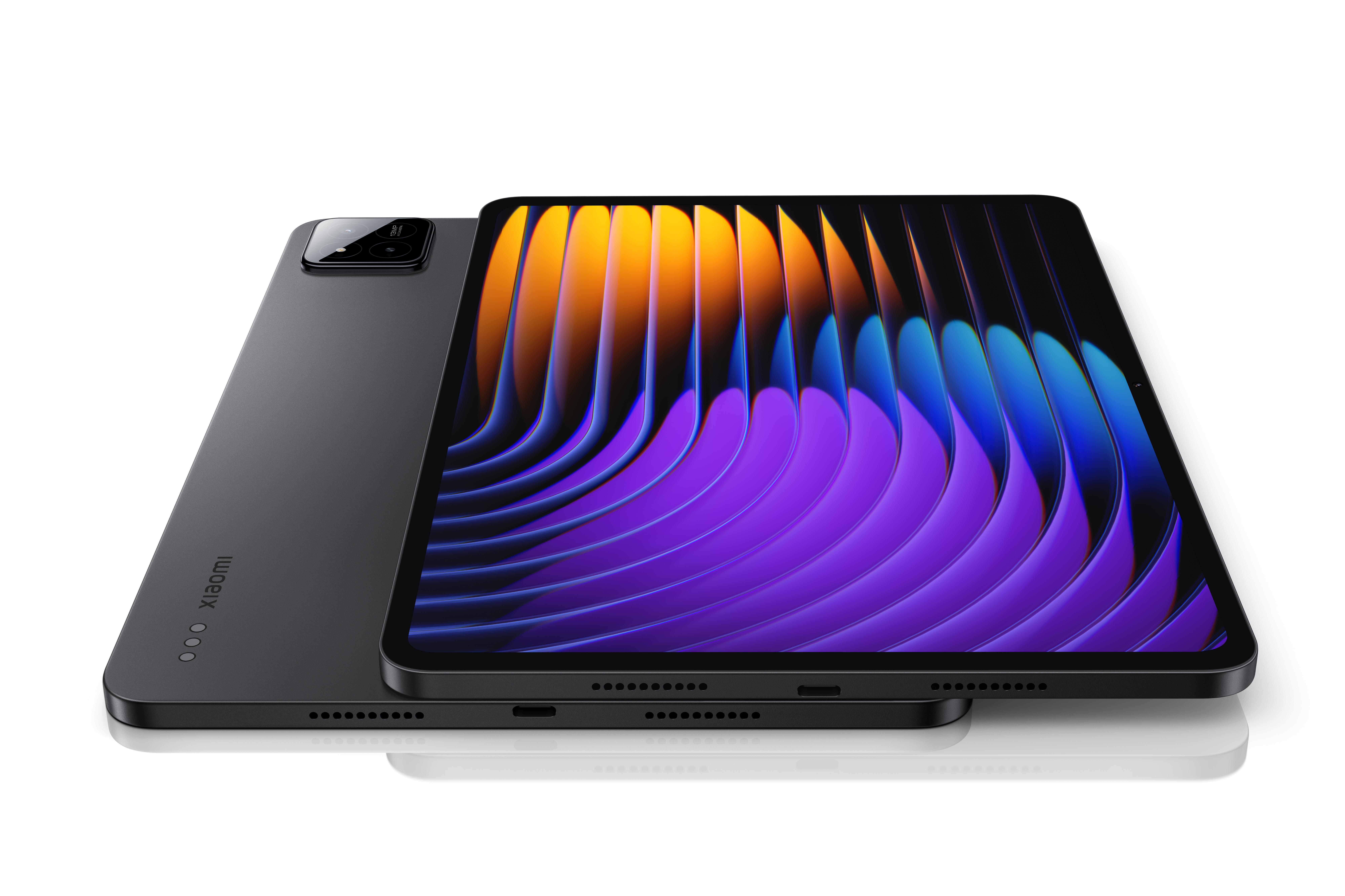 Schwarzes Tablet mit lebendigem Bildschirm, der ein farbenfrohes, abstraktes Design zeigt. Rückseite: Xiaomi-Logo.