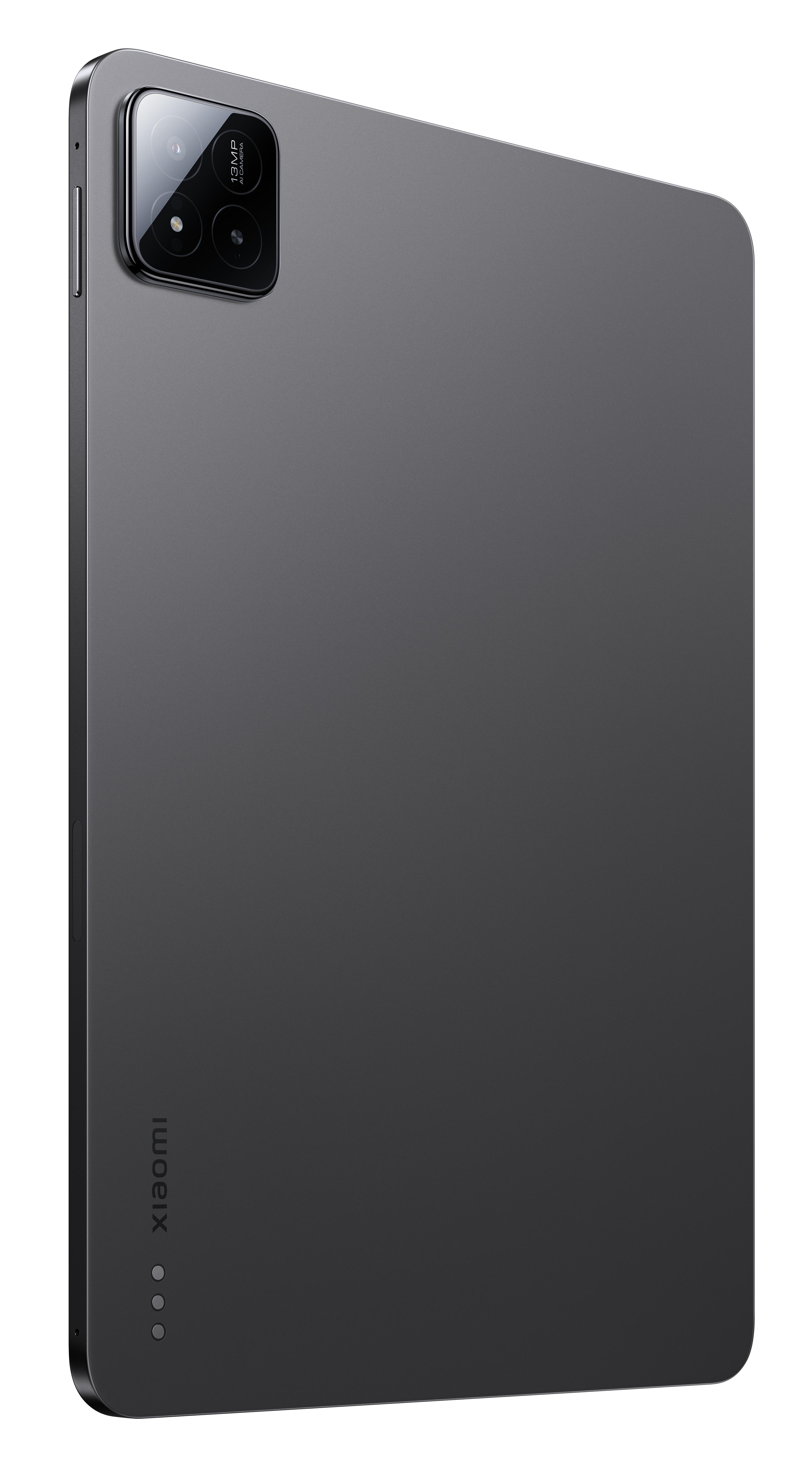 Ein Tablet, Rückansicht, grau, mit Kamera und 'Xiaomi'-Logo, weißer Hintergrund.